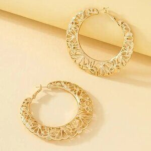 Boho Chic 14K Gold Plated Open Filigree Large Hoop Earrings